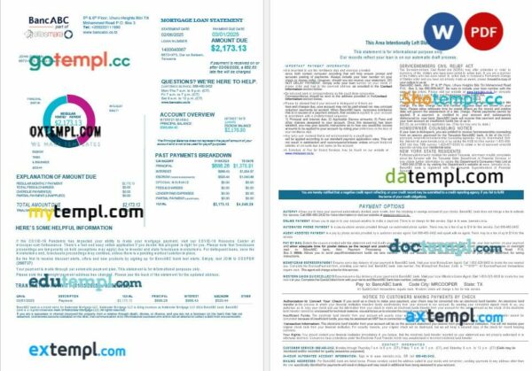 Tanzania BancABC bank mortgage loan statement in Word and PDF formats, 4 pages