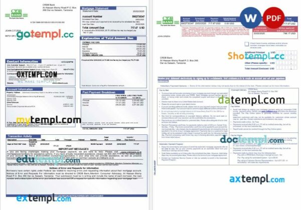 Tanzania CRDB Bank mortgage statement in Word and PDF formats, 3 pages