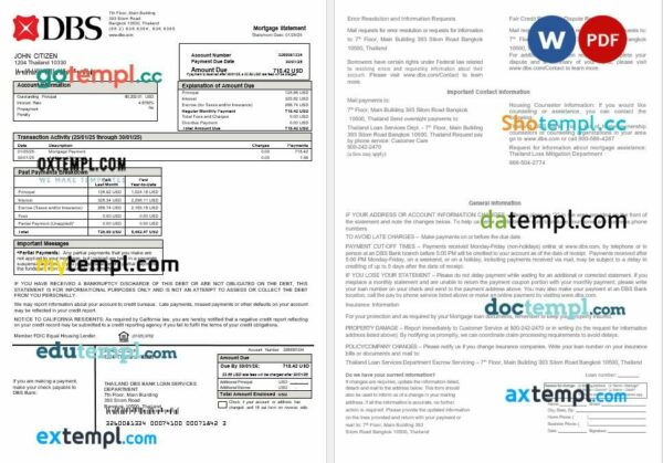Thailand DBS bank mortgage statement in Word and PDF formats