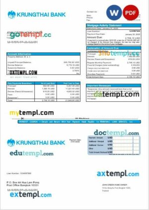 Thailand Krungthai bank mortgage statement in Word and PDF formats