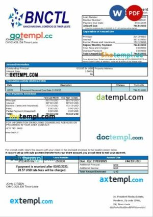 Timor-Leste BNCTL bank International mortgage statement in Word and PDF formats