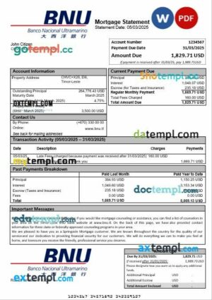 Timor-Leste BNU bank mortgage statement in Word and PDF formats
