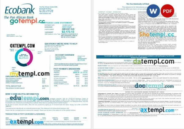 Togo Ecobank Bank mortgage loan statement in Word and PDF formats, 4 pages