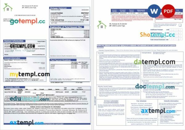 Togo Financial Bank mortgage statement in Word and PDF formats, 3 pages