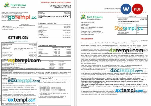 Trinidad and Tobago First Citizens Bank mortgage statement in Word and PDF formats, 3 pages