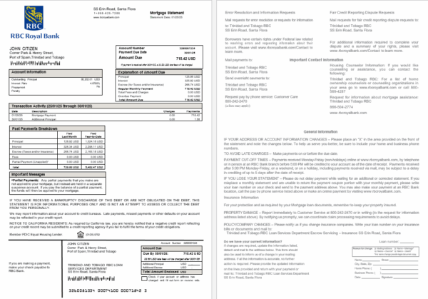 Trinidad and Tobago Royal Citizens Bank mortgage statement in Word and PDF formats