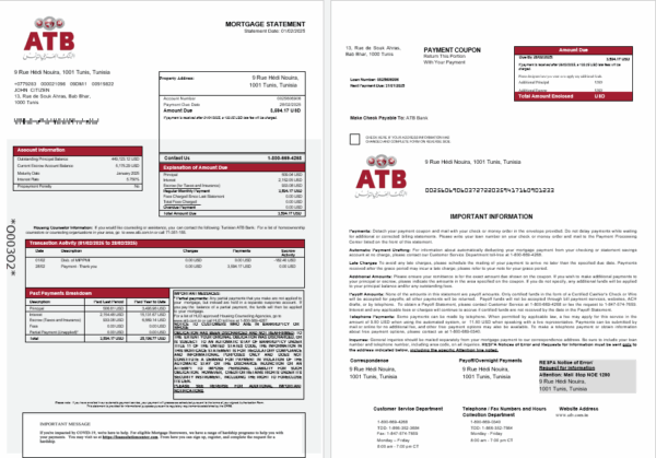 Tunisian ATB bank mortgage statement in Word and PDF formats