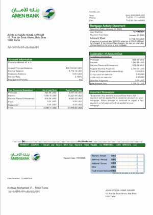 Tunisian Amen Bank mortgage statement in Word and PDF formats