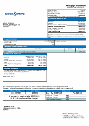 Turkey Bankasi bank mortgage statement in Word and PDF formats