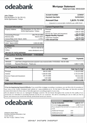 Turkish Odeabank bank mortgage statement in Word and PDF formats
