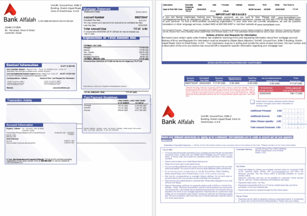 UAE Abu Dhabi Bank Alfalah mortgage statement in Word and PDF formats, 3 pages