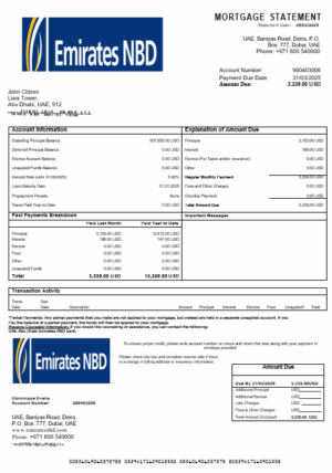 UAE Abu Dhabi Emirates NBD bank mortgage statement in Word and PDF formats