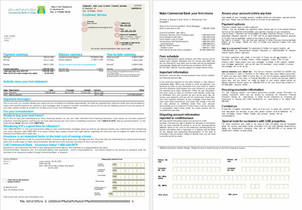 UAE Commercial Bank mortgage statement in Word and PDF formats, 2 pages