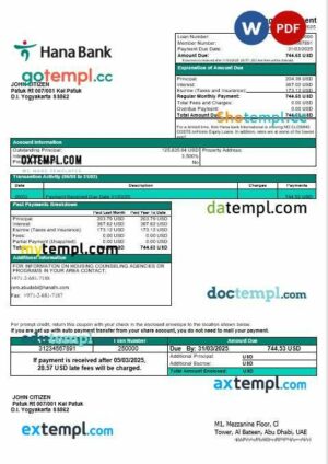 UAE Keb Hana bank mortgage statement in Word and PDF formats