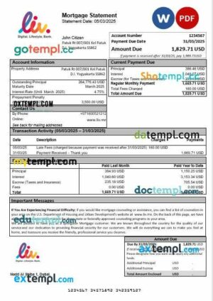 UAE Liv. Digital Bank mortgage statement in Word and PDF formats