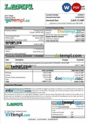 UK Lemfi mortgage statement in Word and PDF formats