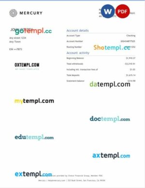 USA CA San Francisco Mercury bank statement, Word and PDF template, 3 pages