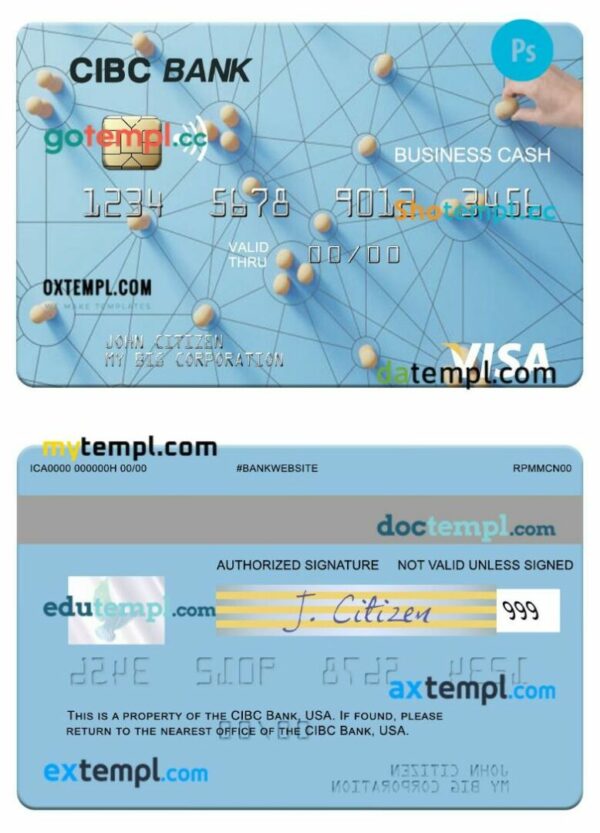 USA CIBC Bank visa business cash card template in PSD format