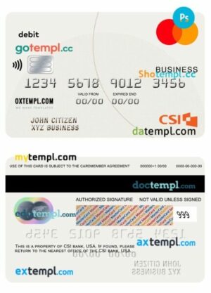 USA CSI bank business debit mastercard template in PSD format