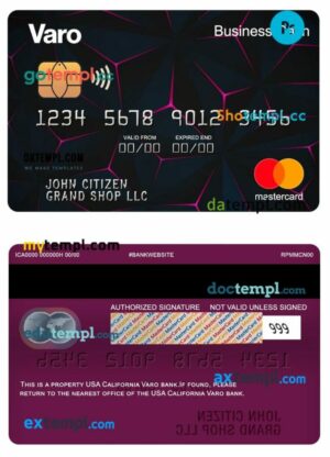 USA California Varo bank business cash mastercard template in PSD format