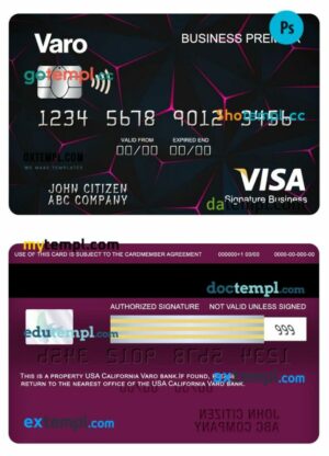 USA California Varo bank visa business premier signature card template in PSD format