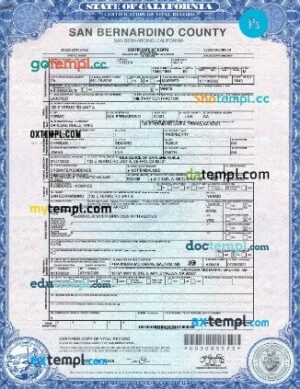 USA California state death certificate template in PSD format