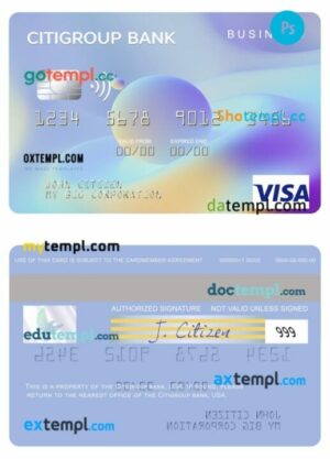 USA Citigroup Bank business visa card template in PSD format