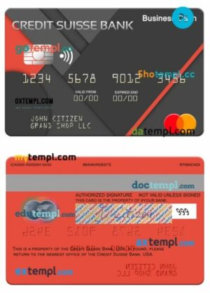 USA Credit Suisse Bank business cash mastercard template in PSD format