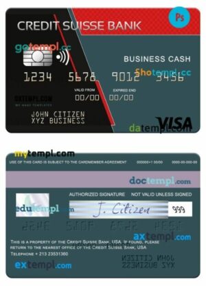 USA Credit Suisse Bank visa business cash card template in PSD format