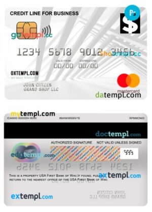 USA First Bank of Wiki credit line for business mastercard template in PSD format