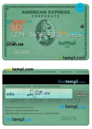 USA Heritage bank american express green corporate card template in PSD format