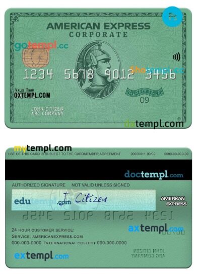 USA Heritage bank american express green corporate card template in PSD format