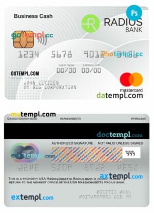 USA Massachusetts Radius Bank business cash mastercard template in PSD format