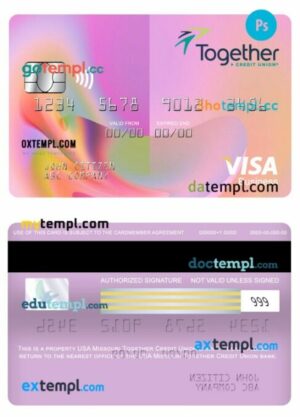 USA Missouri Together Credit Union bank visa business card template in PSD format