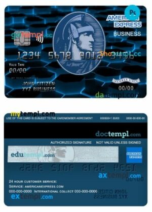 USA New York American Express Blue bank business credit card template in PSD format