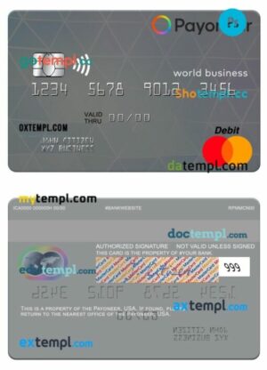 USA Payoneer world business debit mastercard template in PSD format
