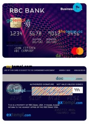USA RBC Bank business cash mastercard template in PSD format