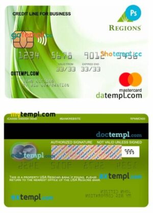 USA Regions bank credit line for business mastercard template in PSD format