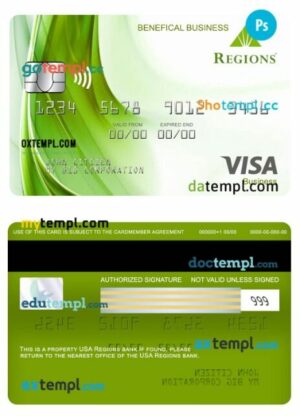 USA Regions bank visa benefical business card template in PSD format
