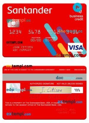 USA Santander Bank business credit visa card template in PSD format