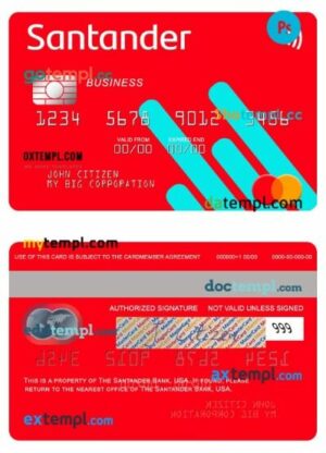 USA Santander Bank business mastercard template in PSD format