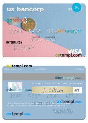 USA U.S. Bancorp Bank visa business card template in PSD format