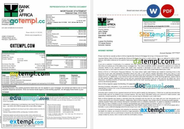 Uganda Bank of Africa mortgage statement in Word and PDF formats, 3 pages