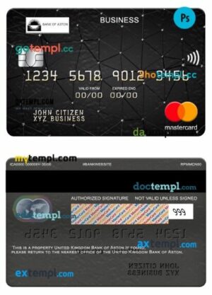 United Kingdom Bank of Aston business mastercard template in PSD format