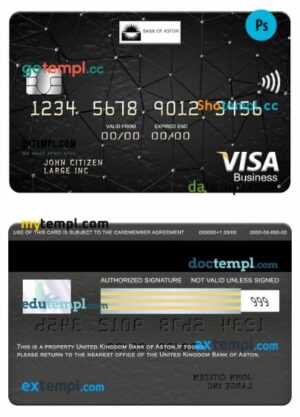 United Kingdom Bank of Aston visa business card template in PSD format