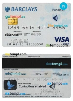 United Kingdom Barclays PLC visa business debit card template in PSD format