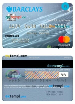 United Kingdom Barclays bank world business mastercard template in PSD format