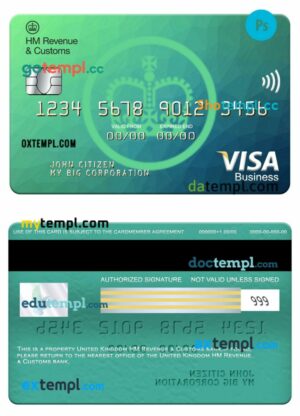 United Kingdom HM Revenue & Customs bank visa business card template in PSD format