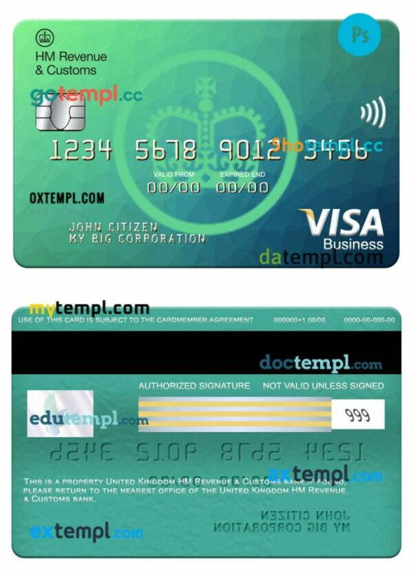 United Kingdom HM Revenue & Customs bank visa business card template in PSD format