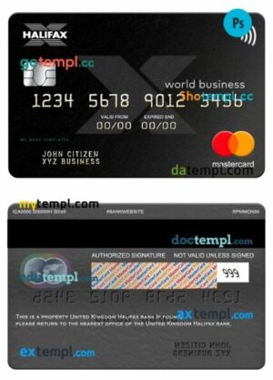 United Kingdom Halifax bank world business mastercard template in PSD format